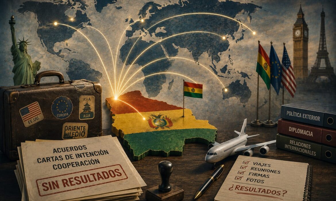 Editorial illustration of Bolivia's foreign policy and diplomatic travel