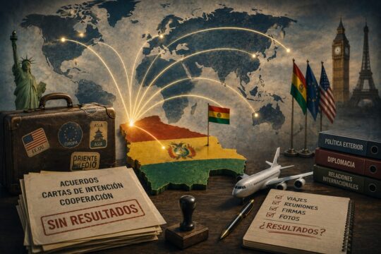 Editorial illustration of Bolivia's foreign policy and diplomatic travel